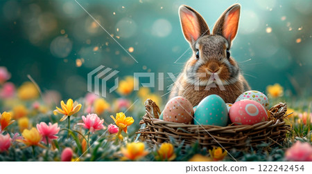 Easter bunny with a basket of Easter eggs, holy holiday of Easter - AI generated image 122242454