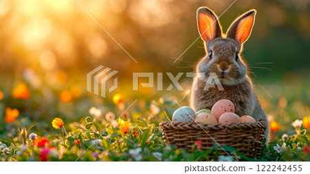 Easter bunny with a basket of Easter eggs, holy holiday of Easter - AI generated image 122242455