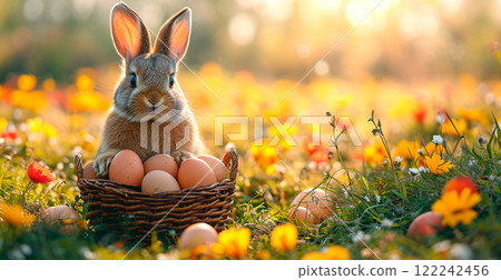 Easter bunny with a basket of Easter eggs, holy holiday of Easter - AI generated image 122242456