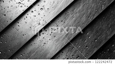 Water drops on metal on silver metal sheet, panoramic industrial iron texture - AI generated image 122242472