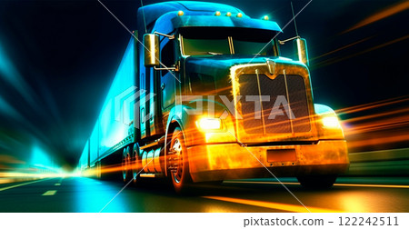 American style truck on the freeway, highway pulling cargo. Transport concept - AI generated image 122242511