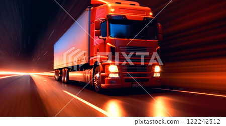 American style truck on the freeway, highway pulling cargo. Transport concept - AI generated image 122242512
