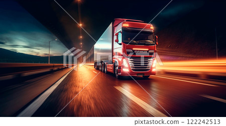 American style truck on the freeway, highway pulling cargo. Transport concept - AI generated image 122242513