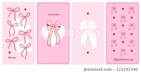 Creative minimalistic concept of Happy Valentines Day cards set. Modern abstract art design with hearts and satin bows. Vector hand drawn Templates for celebration, ads, branding, banner, cover, label Creative minimalistic concept of Happy Valentines Day cards set. Modern abstract art design with hearts and satin bows. Vector hand drawn Templates for celebration, ads, branding, banner, cover, label 122242540
