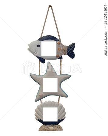 Front View Blue and white sea animal pattern wooden picture frame on white background, object, decor, fashion, copy space 122242604