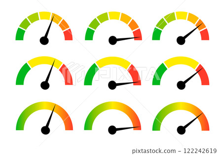 Speedometer gauge meter icons. Vector scale, level of performance. Speed indicator .Infographic of risk, gauge, score progress Speedometer gauge meter icons. Vector scale, level of performance. Speed indicator .Infographic of risk, gauge, score progress 122242619