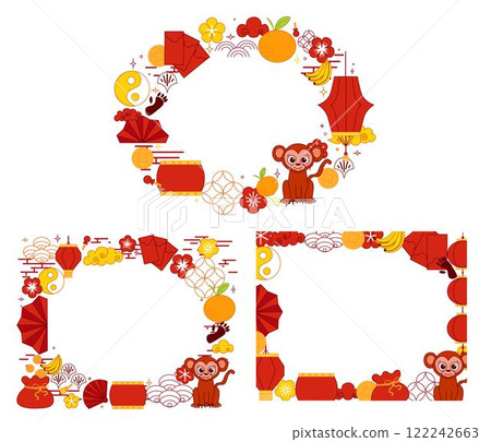 2028 CNY Monkey zodiac theme oval frames set templates, layouts including web banner and social media posts. Cute and bold art style. Vector graphic line 122242663