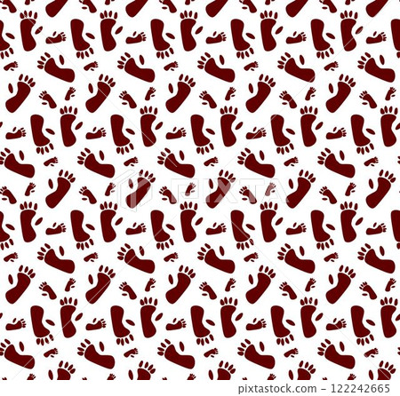 Vector abstract monkey footprint seamless vector pattern.  Gorilla, chimpanzee primate footpath symbol. Graphic line illustration. 122242665