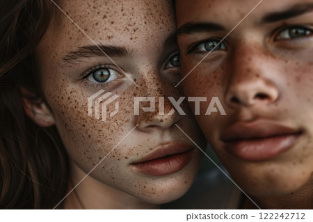 A close-up photo captures a freckled girl and a guy, their faces framed together, highlighting their unique features and the warmth of their connection A close-up photo captures a freckled girl and a guy, their faces framed together, highlighting their unique features and the warmth of their connection 122242712