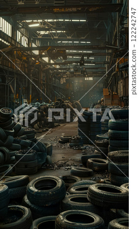 A gritty, industrial setting housing a diverse selection of pre-owned car tires in an urban warehouse A gritty, industrial setting housing a diverse selection of pre-owned car tires in an urban warehouse 122242747