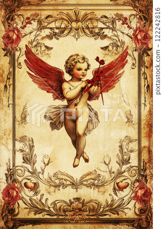 A vintage Valentine's Day postcard with an ornate floral border, cupid holding a bow, sepia tones accented with faded reds and golds, evoking a timeless romantic feel 122242816