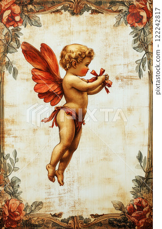 A vintage Valentine's Day postcard with an ornate floral border, cupid holding a bow, sepia tones accented with faded reds and golds, evoking a timeless romantic feel 122242817