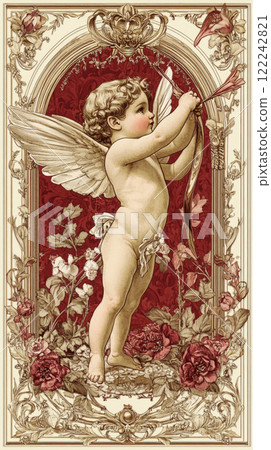 A classic vintage Valentine's Day postcard with a floral border, cupid holding a bow, sepia tones, and faded reds and golds, creating a romantic, antique atmosphere 122242821