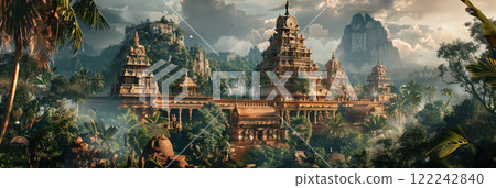 Majestic Hindu temple with jungle and mountains in the background, banner 122242840