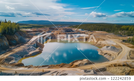 Gold mining, open pit with waste sand and earth for gold ore mining, mining of minerals and ores and precious metals Gold mining, open pit with waste sand and earth for gold ore mining, mining of minerals and ores and precious metals 122242859