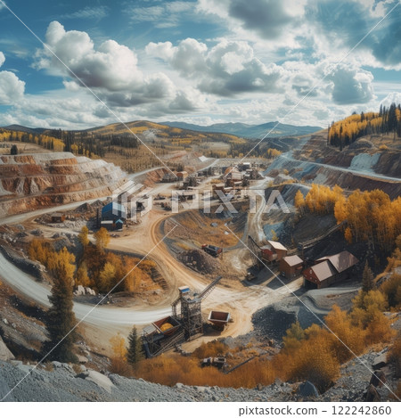 Gold mining, open pit with waste sand and earth for gold ore mining, houses of gold miners and buildings for mining, , mining of minerals and ores and precious metals 122242860