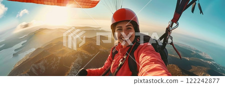 Happy paragliders flying on a paraglider, experienced pilots smiling at the camera, banner 122242877
