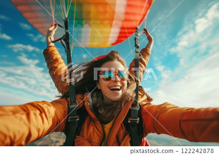 Happy paragliders flying on a paraglider, experienced pilots smiling at the camera 122242878