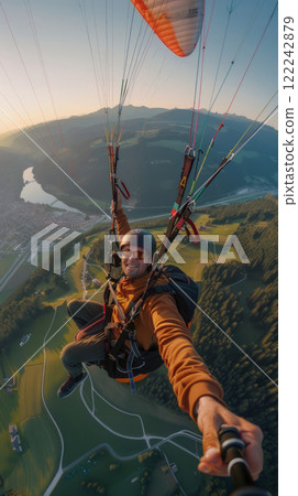 Happy paragliders flying on a paraglider, experienced pilots smiling at the camera 122242879