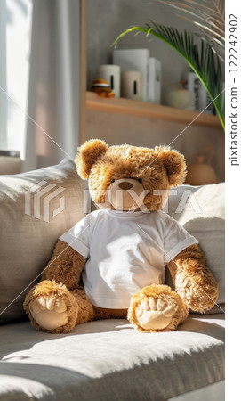 Bear in a white T-shirt, in a mockup setting, a plush bear takes center stage on a leather sofa, offering a charming and whimsical element that enhances the visual appeal of the scene 122242902
