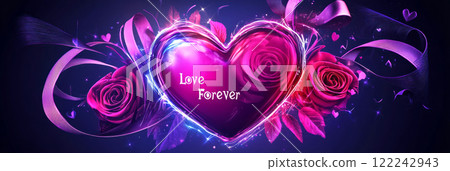 A charming Valentine's Day card featuring a glowing "Love Forever" message, surrounded by a heart motif, ribbons, and roses, conveying warmth and love, banner 122242943