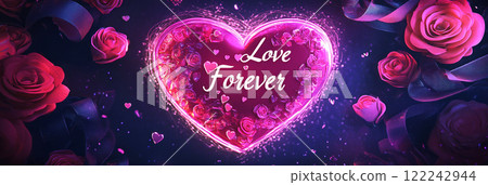 A charming Valentine's Day card featuring a glowing "Love Forever" message, surrounded by a heart motif, ribbons, and roses, conveying warmth and love, banner 122242944