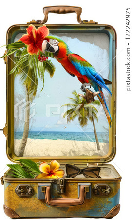 Open retro suitcase with seascape and sand, palm trees and parrots 122242975