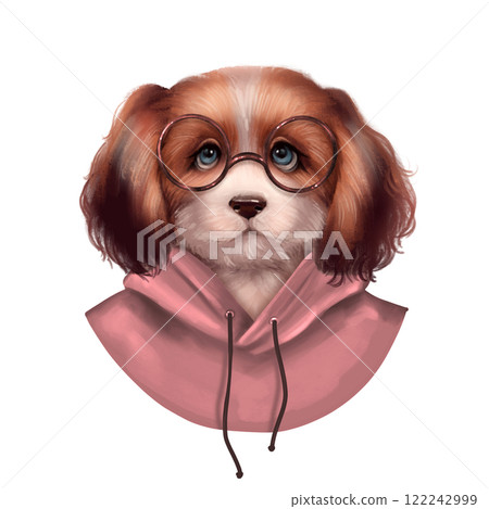 Cute dog illustration. Puppy in a pink hoody and glasses. 122242999