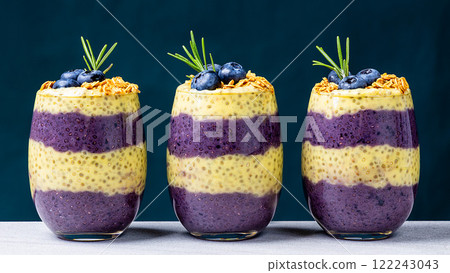 Mango and blueberry panna cotta 122243043