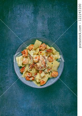papardelle pasta in creamy sauce with seafood, homemade, no people, 122243100