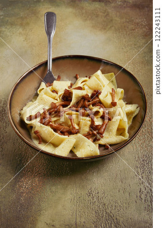 pasta papardelle, in creamy garlic sauce, with mushrooms, traditional Italian cuisine, pasta carbonara, homemade, no people, 122243111