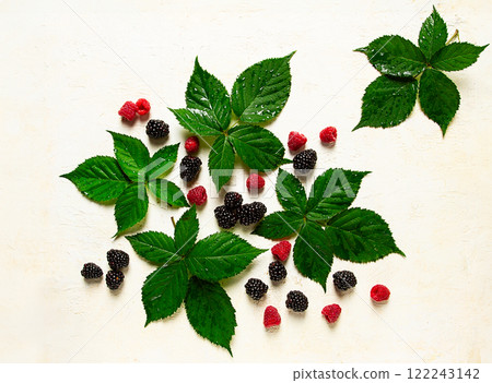 fresh blackberries and raspberries, with foliage, top view, on a light background, no people, 122243142