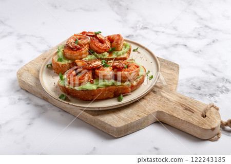 sandwiches with avocado and caramelized shrimp, micro-greens, breakfast, on a plate, top view, homemade, no people, 122243185