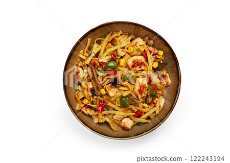 fried noodles with chicken meat and vegetables, Bami Goreng, Indonesian dish, no people, fried noodles with chicken meat and vegetables, Bami Goreng, Indonesian dish, no people, 122243194