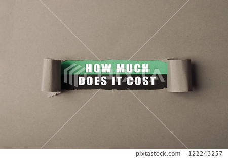 Torn piece of paper with the words How much does it cost written on it 122243257