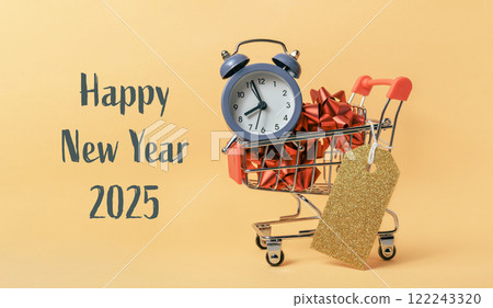 Happy New Year card with clock and confetti on yellow background Happy New Year card with clock and confetti on yellow background 122243320