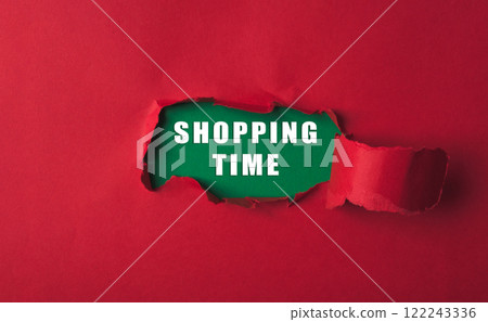Red background with a green word that says shopping time 122243336
