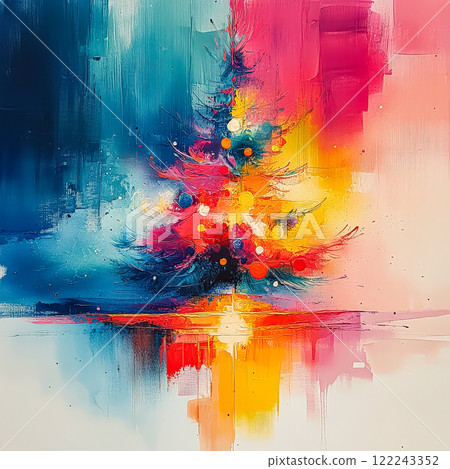 Colorful painting of a Christmas tree with a blue background 122243352