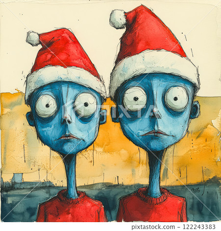 Two blue and red cartoon characters wearing Santa hats Two blue and red cartoon characters wearing Santa hats 122243383