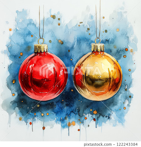 Two red and gold Christmas ornaments hanging from a blue background 122243384