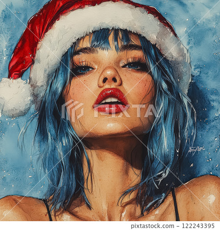 Woman with blue hair and a red hat. 122243395