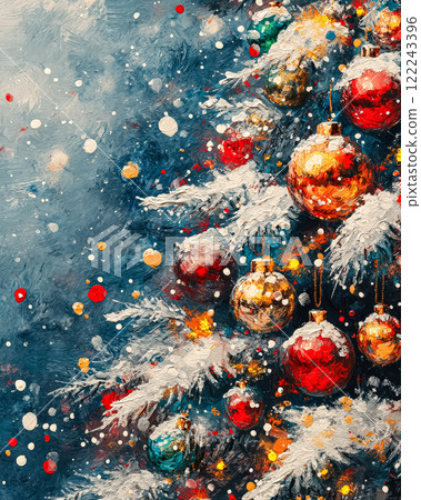 Painting of a Christmas tree with many red and gold ornaments Painting of a Christmas tree with many red and gold ornaments 122243396