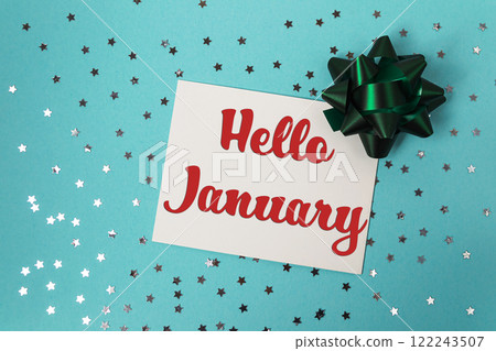 Bright Hello January message card with festive green and red decor 122243507
