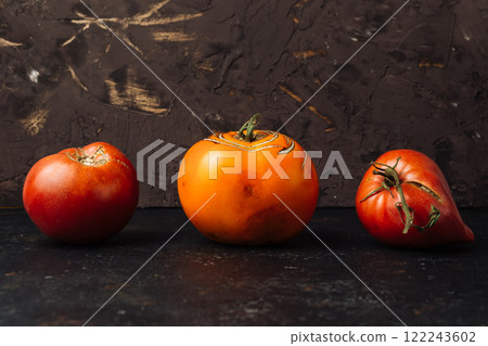 Three tomatoes are displayed on a dark surface Three tomatoes are displayed on a dark surface 122243602