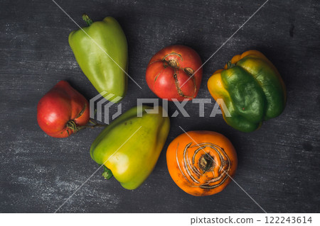 A group of peppers and tomatoes are displayed on a counter A group of peppers and tomatoes are displayed on a counter 122243614