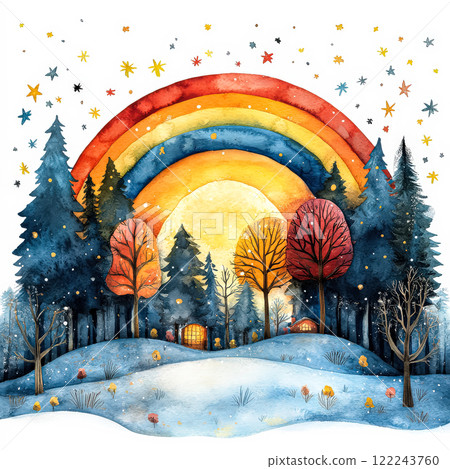 Watercolor painting of a forest with a rainbow and stars in the sky 122243760