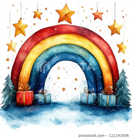 Watercolor painting of a forest with a rainbow and stars in the sky. 122243806