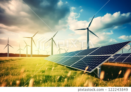 Solar panels and wind turbine illustrating green planet and renewable energy. 122243849