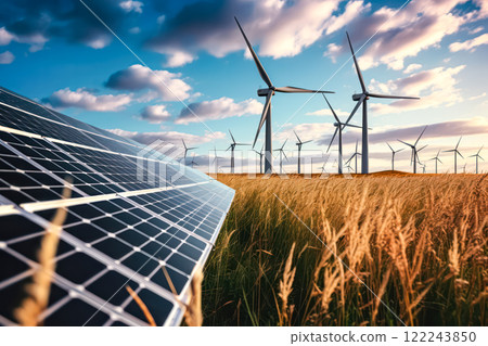 Solar panels and wind turbine illustrating green planet and renewable energy. 122243850