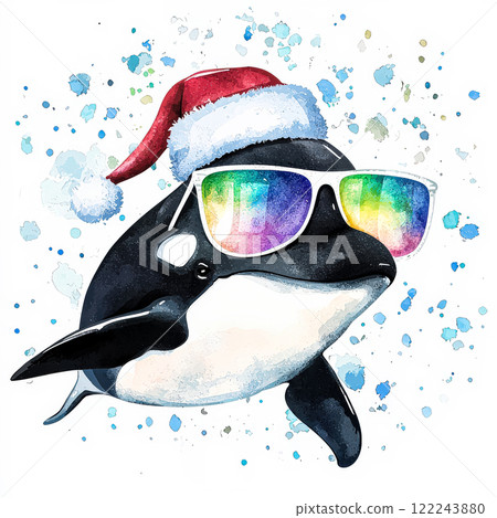 Black and white whale wearing sunglasses and a red Santa hat 122243880